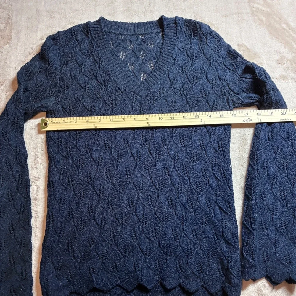 Handmade Vintage Navy Pointelle Knit 2 Piece Skirt Set Scalloped V-Neck Midi